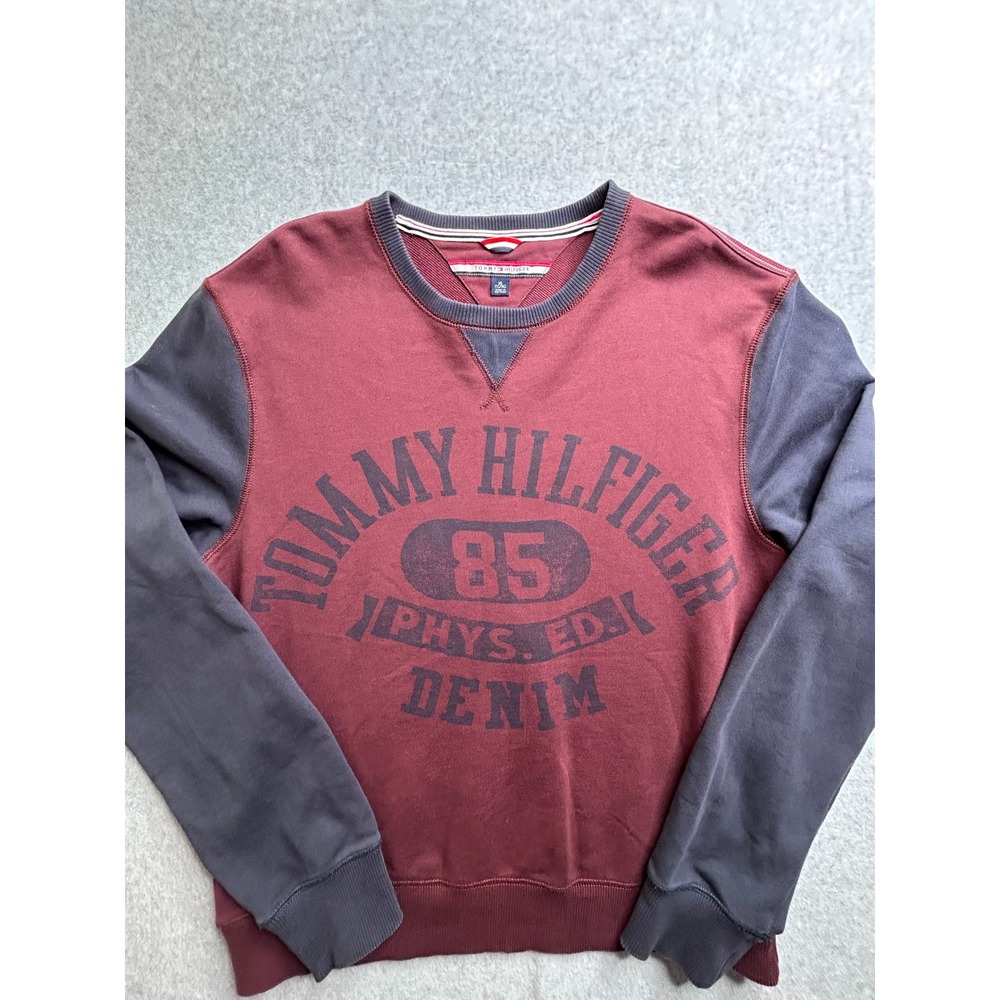 Tommy Hilfiger Denim Mens XL Sweatshirt Burgundy Navy Phys Ed Graphic Crew Neck